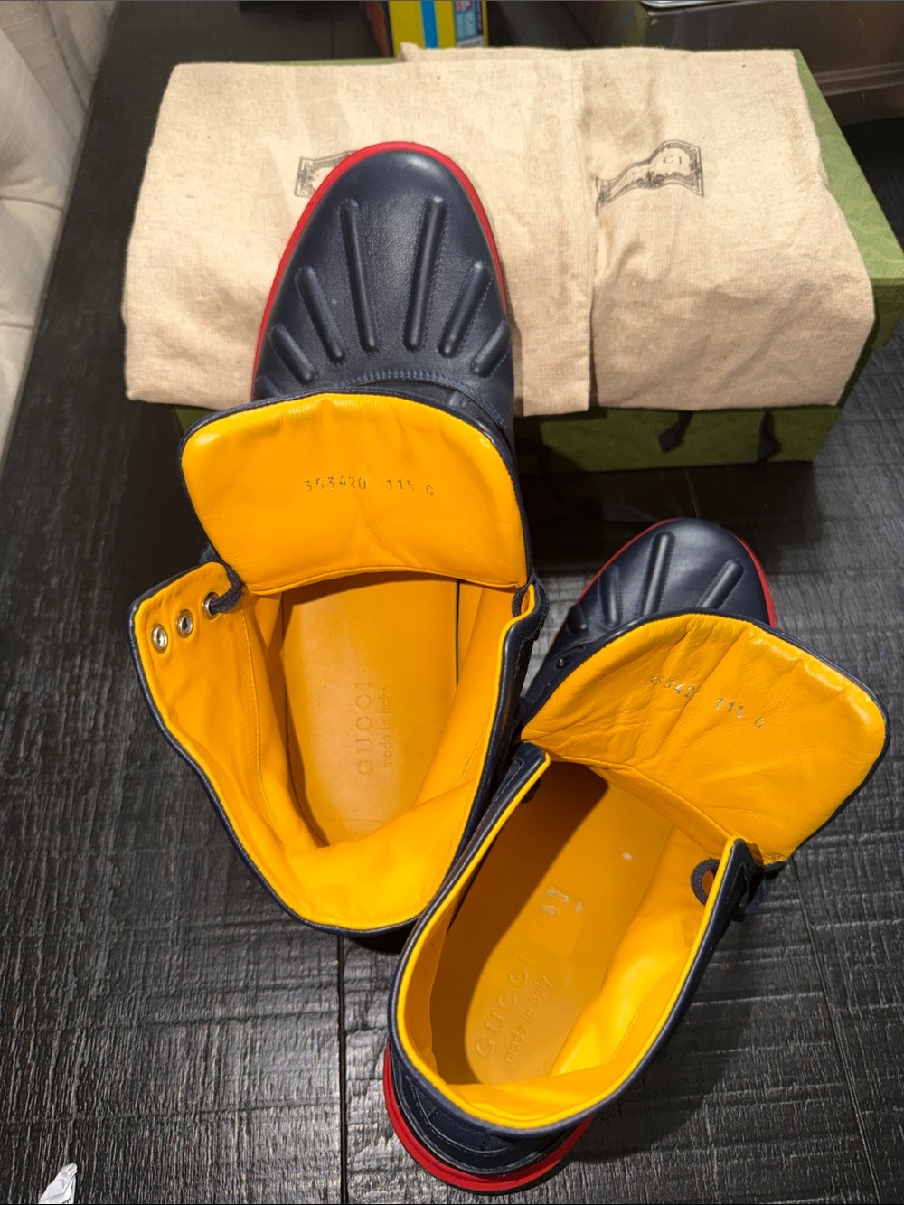 Gucci Navy Blue and Yellow Sneakers with Red Soles - Picture 4 of 6